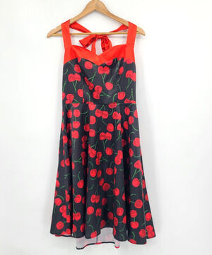 Dress Tells Cherry Print Rockabilly Retro Pin Up Girl Vintage Inspired Size L